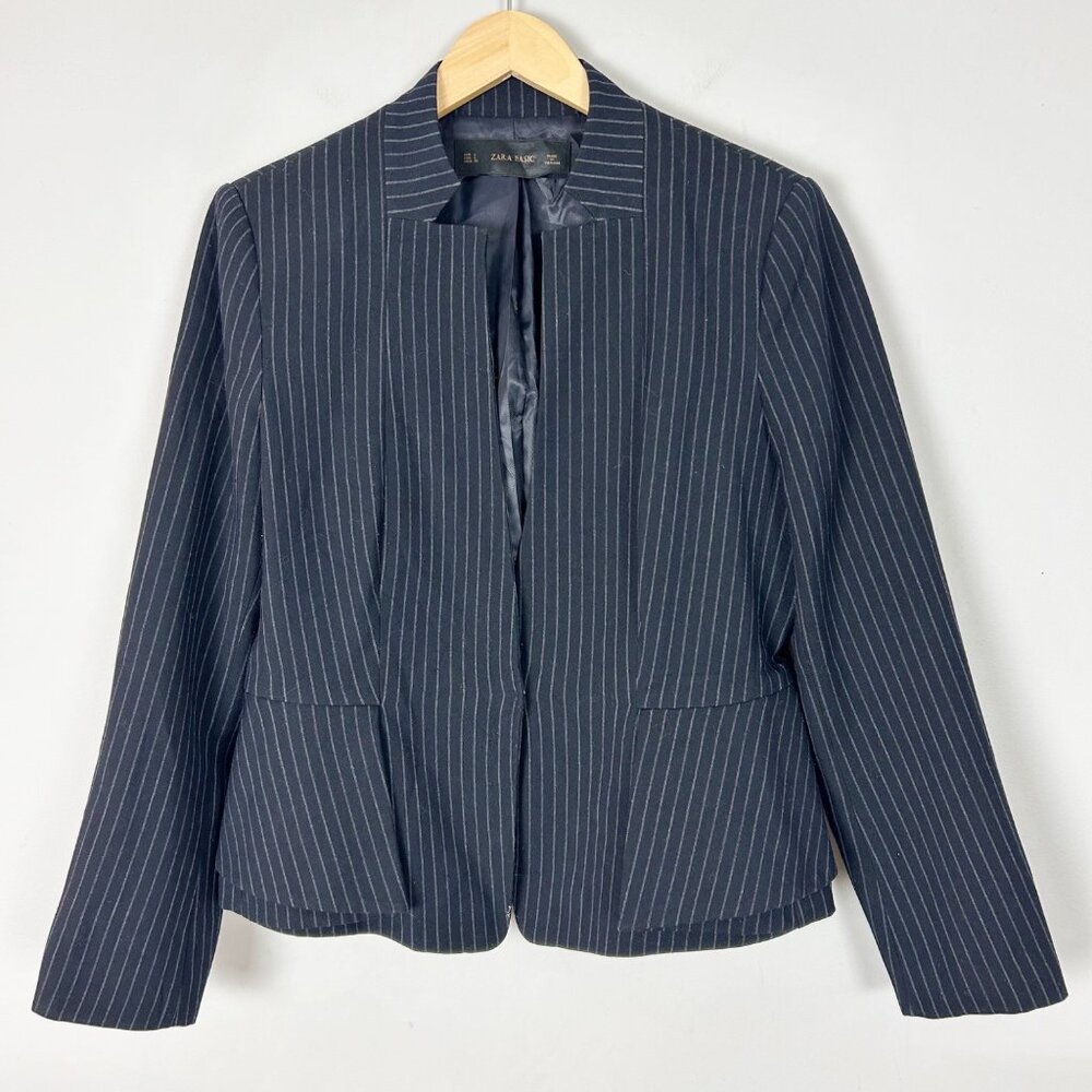 Zara‎ Navy Pinstripe Blazer Jacket Modern Classic Career Size Large Women's